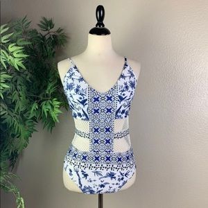 New Floral Navy Blue V Neck Swimsuit Medium